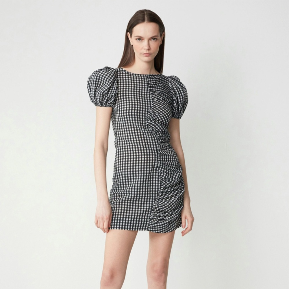 GANNI Puff Sleeve Ruched Seersucker Black and White Gingham Mini Dress size 4